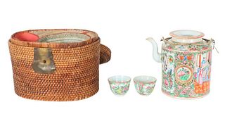 Antique Chinese Picnic Basket, Teapot & Cups
