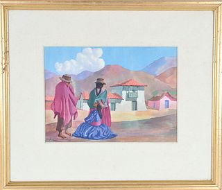 South American Village Scene, Watercolor