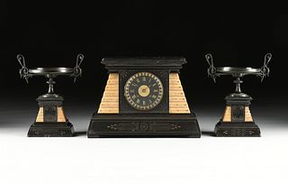 A THREE PIECE FRENCH EGYPTIAN REVIVAL BLACK AND SIENA MARBLE MANTLE CLOCK GARNITURE, RETAILED BY CONNELL, LONDON, FOURTH QUARTER 19TH CENTURY,