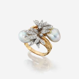 An eighteen karat gold, baroque cultured pearl, and diamond ring