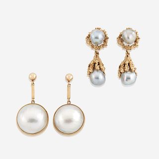 Two pairs of cultured pearl and gold earrings
