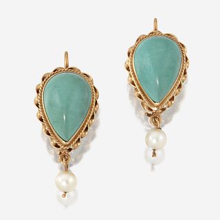 A pair of turquoise, cultured pearl, and fourteen karat gold earrings