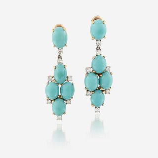 A pair of turquoise, diamond, and eighteen karat gold earrings