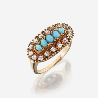 A turquoise, diamond, and fourteen karat gold ring