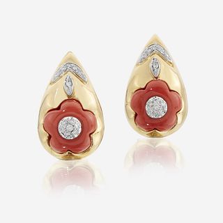 A pair of eighteen karat gold, coral, and diamond earrings, Leva