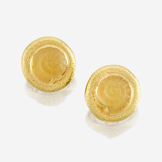 A pair of carved citrine, eighteen karat gold, and mother of pearl earrings, Gage