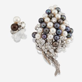 A cultured pearl, diamond, and fourteen karat white gold brooch with similar ring