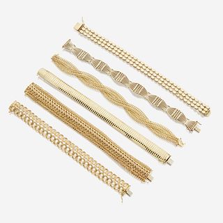 A collection of six fourteen karat gold bracelets Italy
