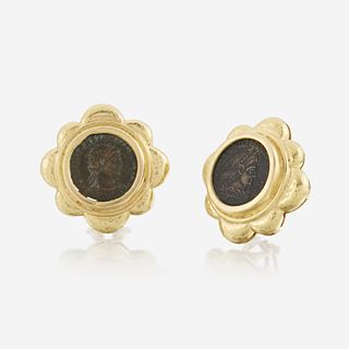 A pair of eighteen karat gold and coin earrings, Elizabeth Locke