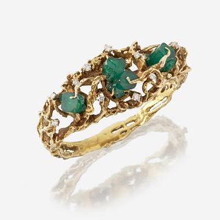 A fourteen karat gold, green beryl crystal, and diamond bangle c. 1960's