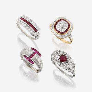 A collection of four ruby and diamond rings