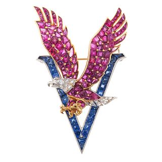 18K Ruby, Sapphire & Diamond "V for Victory" Pin