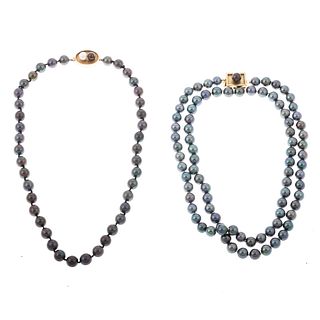 A Pair of Gray Pearl Necklaces with 14K Clasps