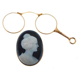 A Hardstone Cameo & Pair of Lorgnettes in Gold