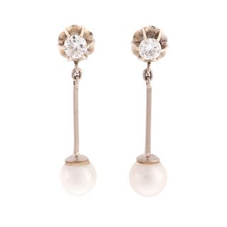 A Pair of Diamond & Pearl Drop Earrings in 14K