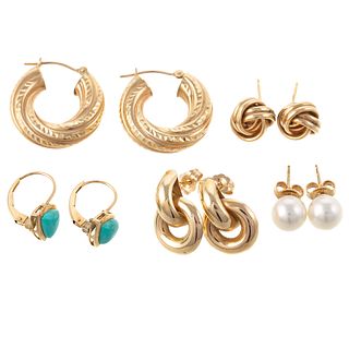 A Collection of Five Pairs of Earrings in 14K