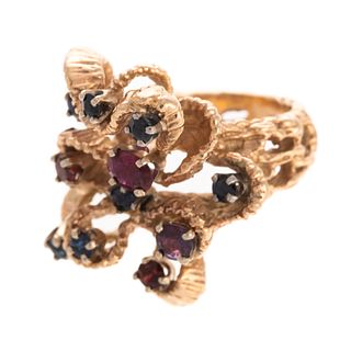 A Textured Sapphire & Ruby Ribbon Ring in 14K