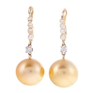 Golden South Sea Pearl & Diamond Earrings in 14K