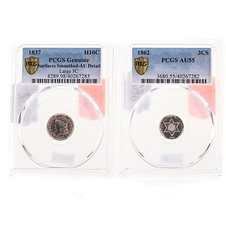 1862 3 Cent Silver PCGS55 & 1837 1/2 Dime AU Det