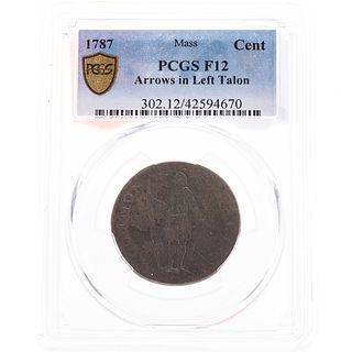 1787 Massachusetts Cent, Left Talon PCGS-F12