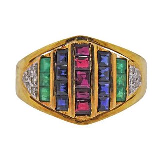 18k Gold Diamond Ruby Emerald Sapphire Ring 