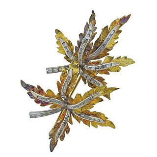 18K Gold Diamond Leaf Motif Brooch Pin