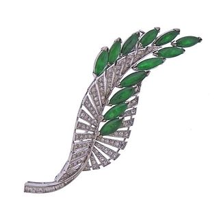14K Gold Diamond Jade Leaf Motif Brooch Pin
