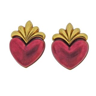 Boris LeBeau 18K Gold Enamel Heart Clip on Earrings