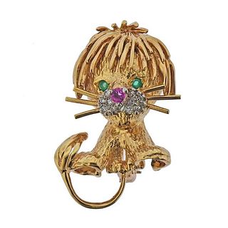 Honora 18k Gold Emerald Ruby Diamond Lion Brooch Pin