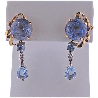Retro 14k Gold Blue Topaz Diamond Drop Earrings
