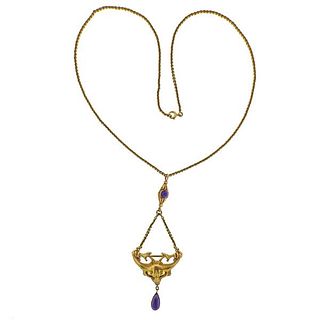 18K Gold Diamond Ruby Amethyst Necklace Pendant Brooch