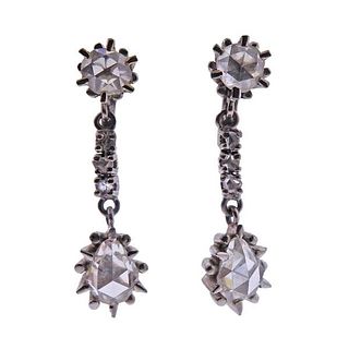 18K Gold Rose Cut Diamond Drop Earrings
