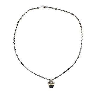 David Yurman Silver 14K Gold Onyx Pendant Necklace 