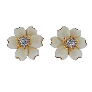 18K Gold Diamond Coral Floral Earrings