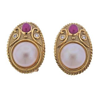 14k Gold Ruby Diamond Mabe Pearl Earrings