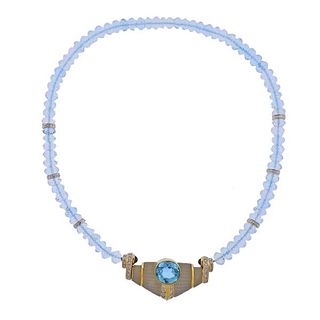 18k Gold Diamond Frosted Crystal Blue Topaz Quartz Necklace