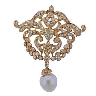 18k Gold Diamond Pearl Drop Pendant Brooch