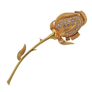 18k Gold Diamond Rose Flower Brooch Pin