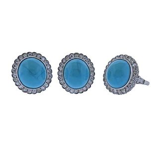 18k Gold Blue Paste Diamond Earrings Ring Set