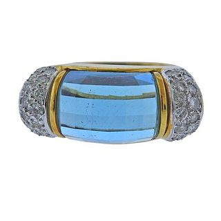 18k Gold Diamond Faceted Blue Topaz Ring