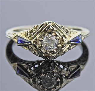 Art Deco Filigree 18k Gold Diamond Sapphire Ring