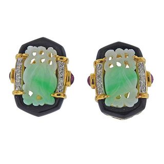 18K Gold Diamond Carved Jade Onyx Ruby Earrings