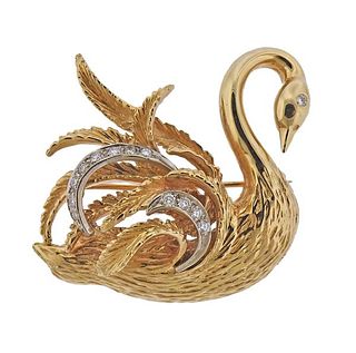 14K Gold Diamond Swan Brooch Pendant
