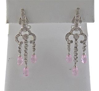 14k Gold Diamond Pink Gemstone Drop Earrings