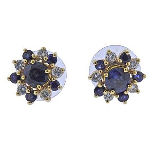 14K Gold Diamond Sapphire Stud Earrings 