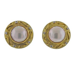 18K Gold Diamond Mabe Pearl Earrings