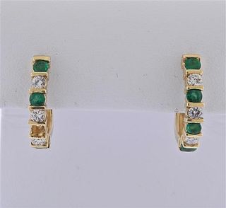 14K Gold Diamond Emerald Half Hoop Earrings