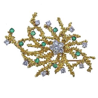 1970s 18k Gold Diamond Emerald Free Form Brooch Pin