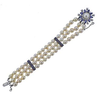 Mid Century 1950s 18k Gold Sapphire Diamond Pearl Bracelet