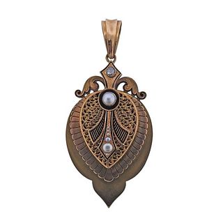 Antique Victorian 18k Gold Pearl Diamond Enamel Locket Pendant 